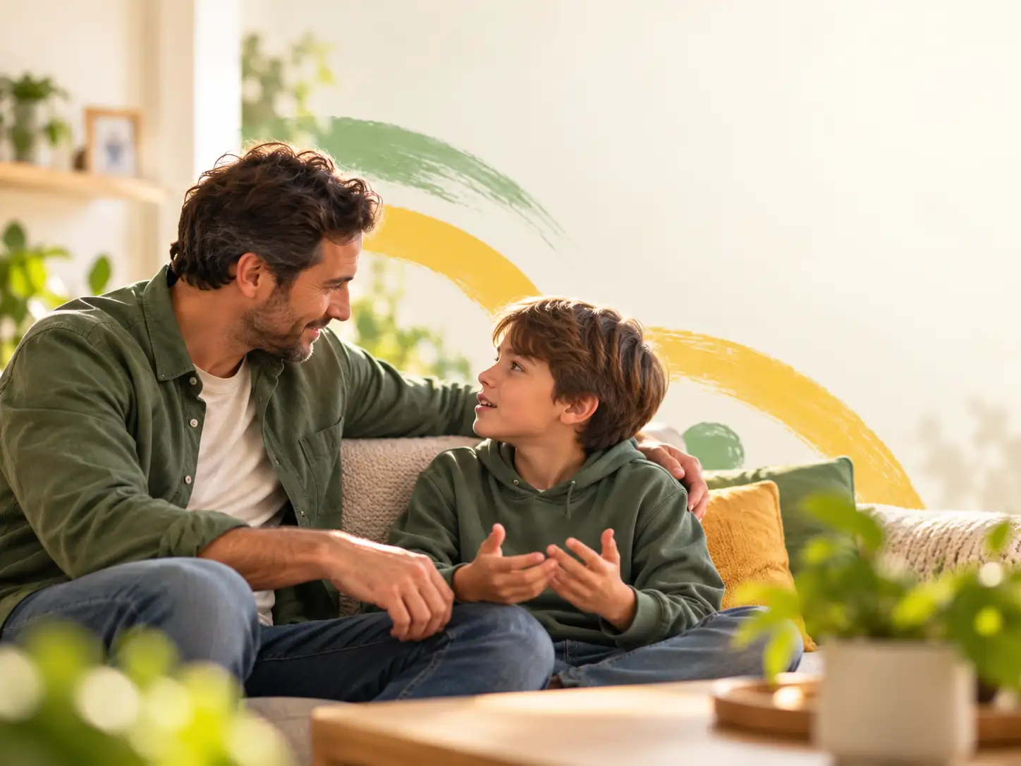 Padre e hijo conversando en casa con calma y cercanía